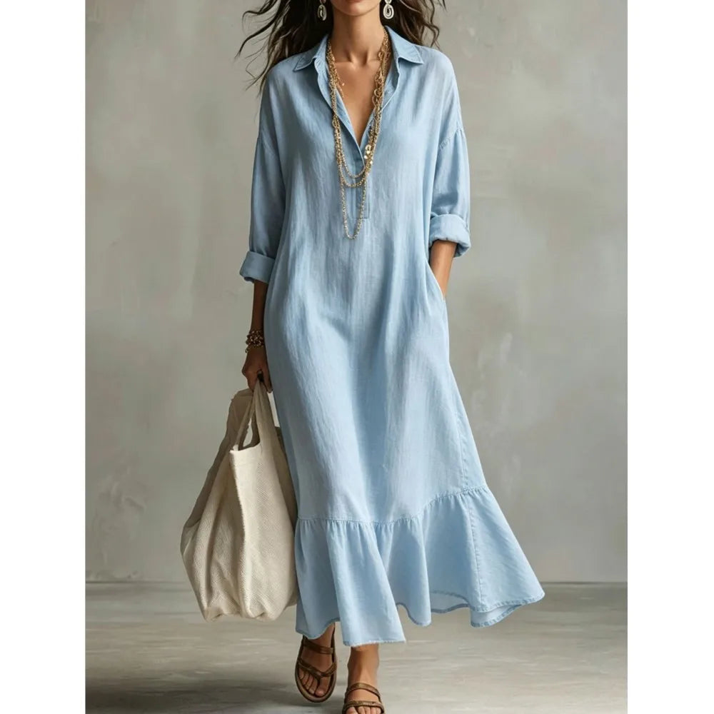 Spring Autumn New Fashion Button Lapel Long Sleeve Shirt Women's Loose Dress Casual Simple Retro Ruffled Swing Dress Female2026