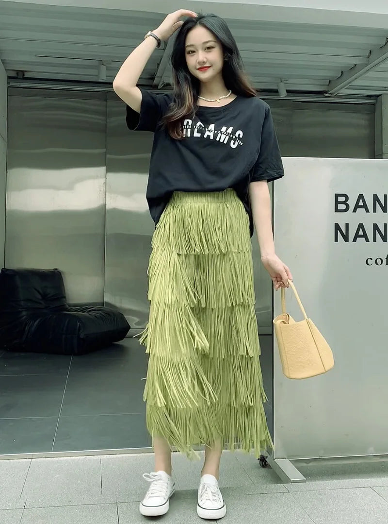 Luxury Multi Solid Colors Pleated Skirt for Women's Large Hem Folds A-line Skirts Female 2025 Loose Fashion Skirts Casual 0666
