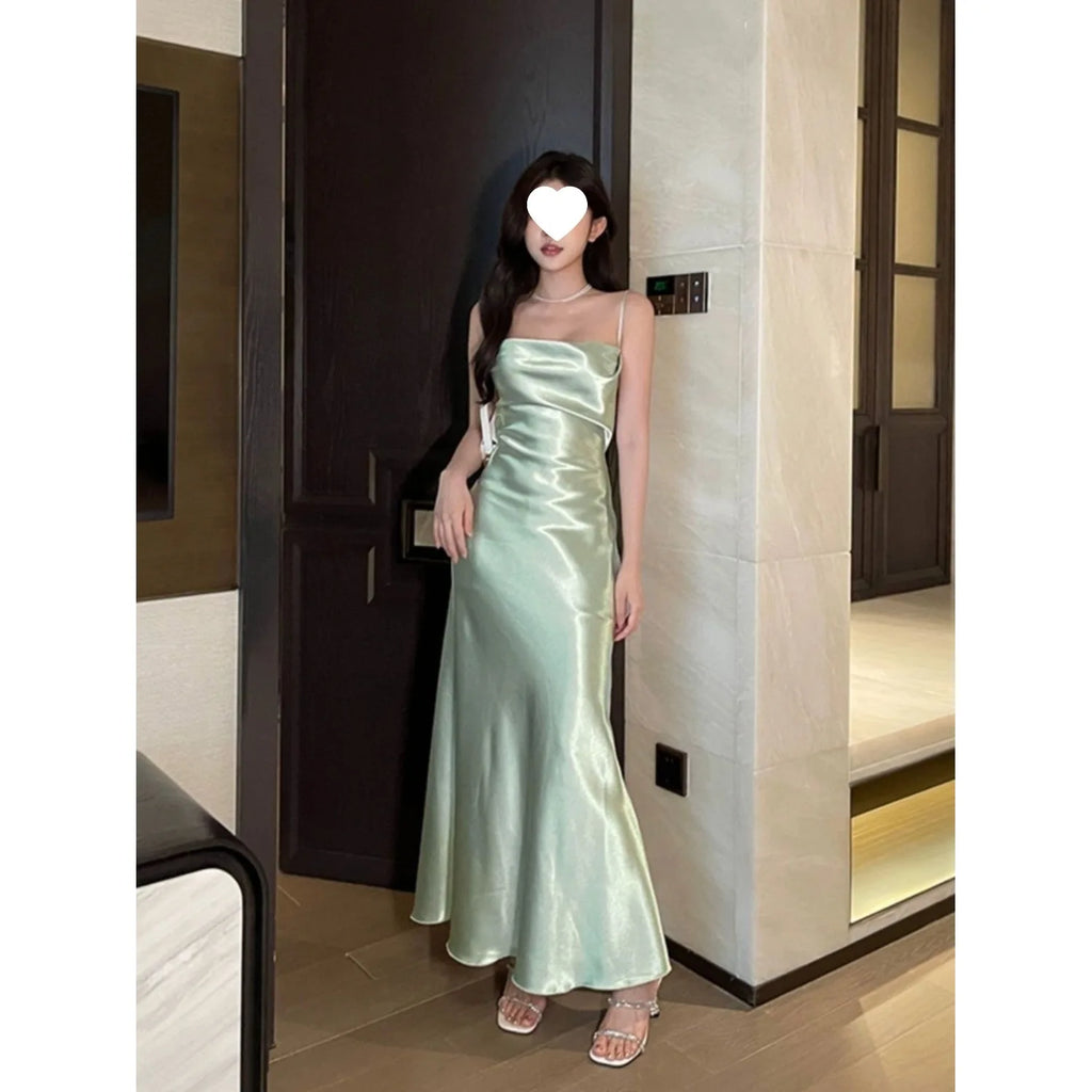 Elegant French Style Sling Satin Wrap Waist Slimming Long Dress Women's Fashion 2026 New Knitted Fabric Midi Skirt Dress