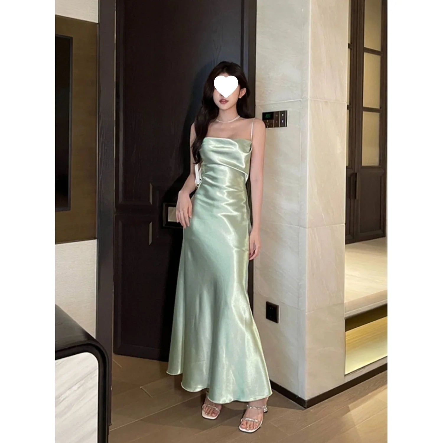 Elegant French Style Sling Satin Wrap Waist Slimming Long Dress Women's Fashion 2026 New Knitted Fabric Midi Skirt Dress