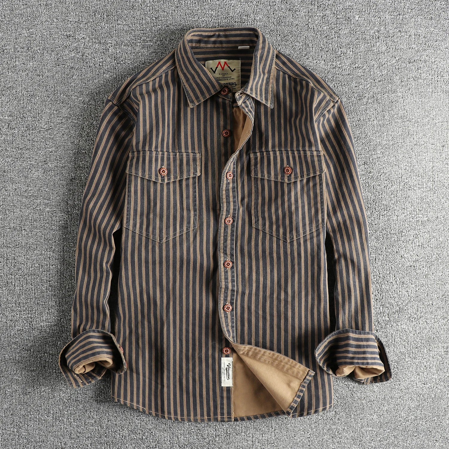 Men's Retro Stripe Long Sleeve Shirt With Multi Pocket Washed Casual Fashion For Men
