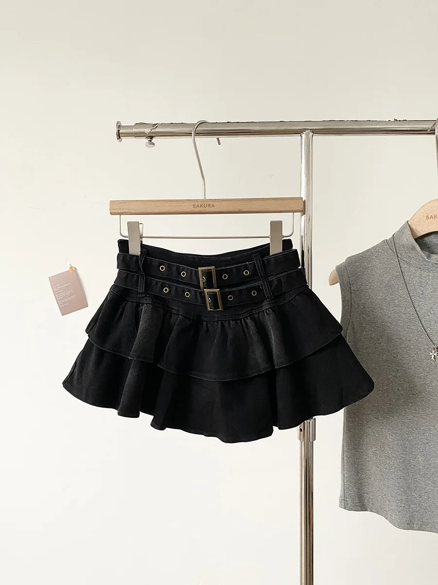 Low Waist Denim Skirt Women's Spring 2026 New Style Double Belt Anti-Light Short Skirt Casual High Waist Polyester Fiber