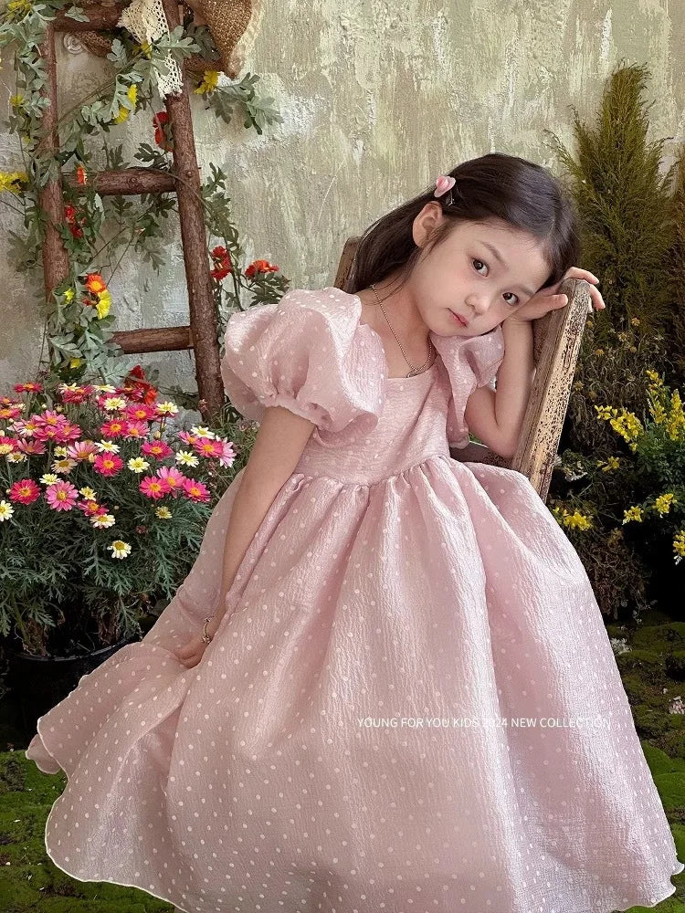 In-stock summer dress with puff sleeves for girls, princess dress for older girls, pearl gauze dress