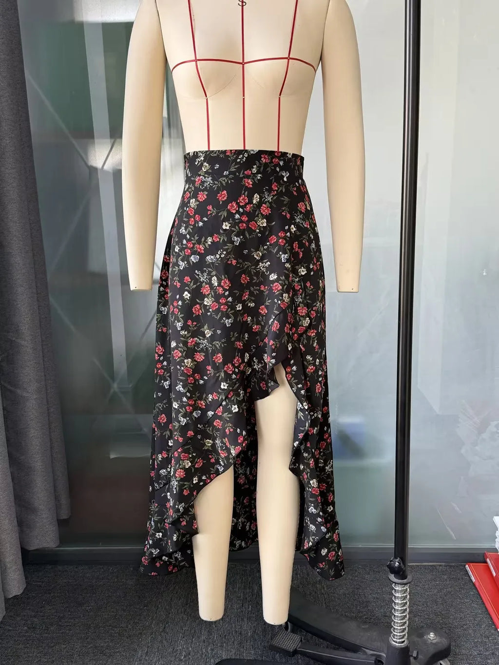 Ladies Floral High Waist Asymmetrical Hem Mid-Length Split Skirt Casual Holiday Fashion Spring Summer Polyester Fabric Elegan...
