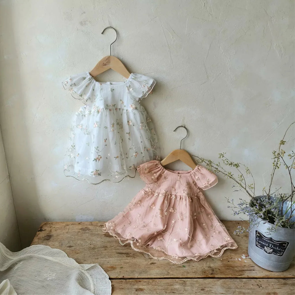 2026 Summer New Baby Girl Short Sleeve Princess Dress Sweet Girls Flower Embroidery Mesh Dress Fashion Children Clothes