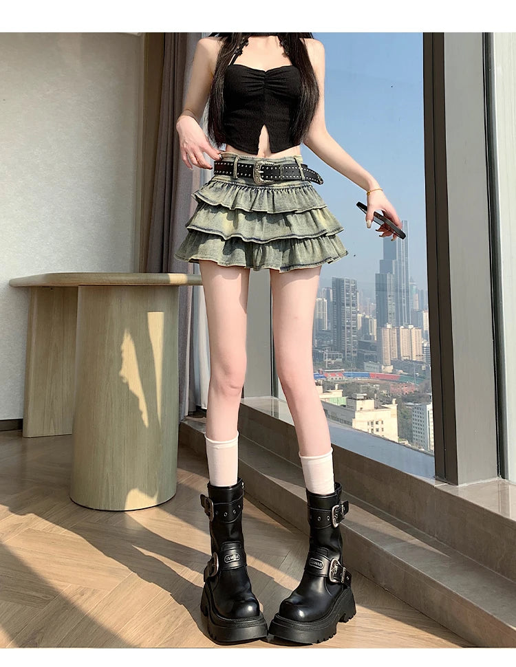 New Summer Women Hotsweet Mini Denim Skirt High Waist Vintage Layered Ruffles Short Skirt Tierred Ball Gown Cute Skirt With Belt
