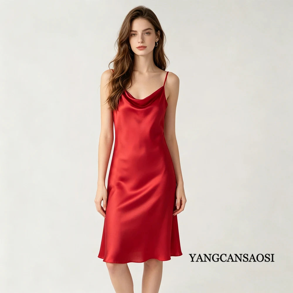 Women's Summer New Style French 100% Natural Mulberry Silk Plain Satin Swing Collar Temperament Camisole Slim Fit Party Dress
