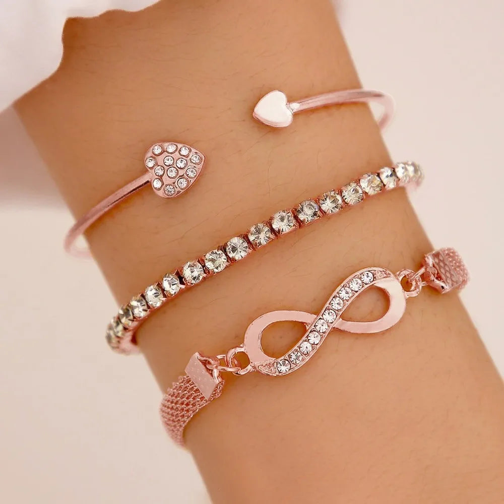 New Creative Design 3 Pcs Set Heart Opening Bracelet Lucky 8 Inlay Zircon Bracelet Set for Women Fashion Charm Jewelry Set Gifts