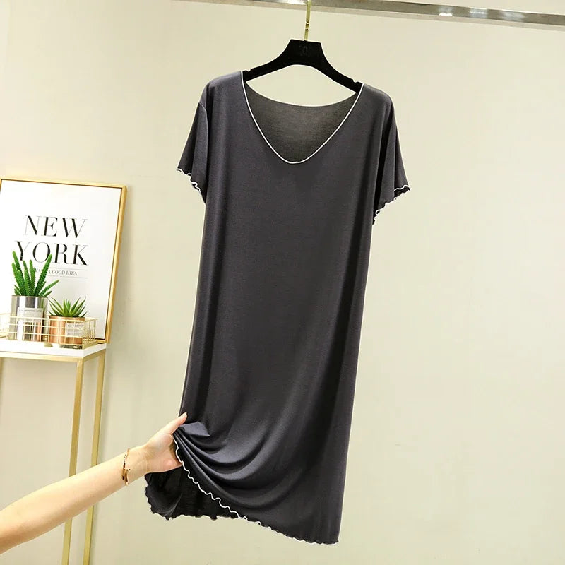 Loose Casual Modal Short Sleeve Dress V-Neck Base Skirt Thin Summer Floral Edge Sleep Dress Versatile Summer Dress