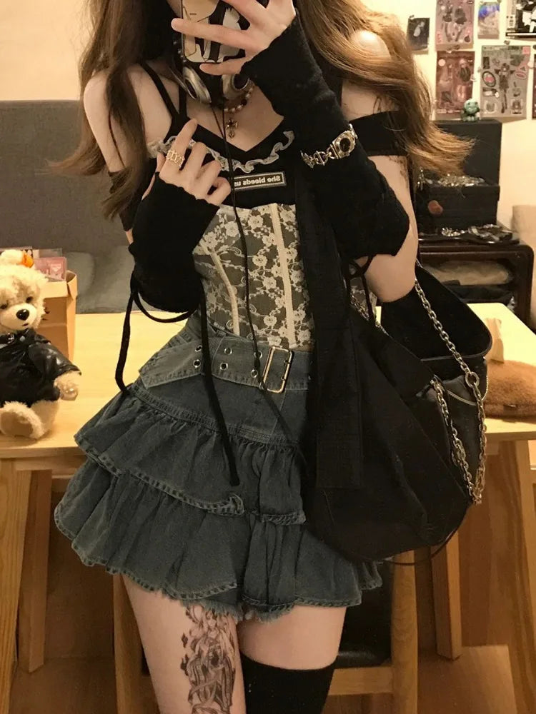 Streetwear Jean Skirt Women 2025 Faldas Mujer De Moda High Waist Vintage Saia Sweet Ruffles A-line Jupe Casual Y2k Mini Skirts