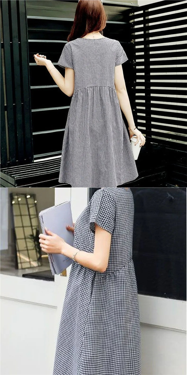 Black And White Plaid Summer Shirt Dress Women's Mid-Length Casual Outerwear Large Size Slimming Dress Artistic Retro Style