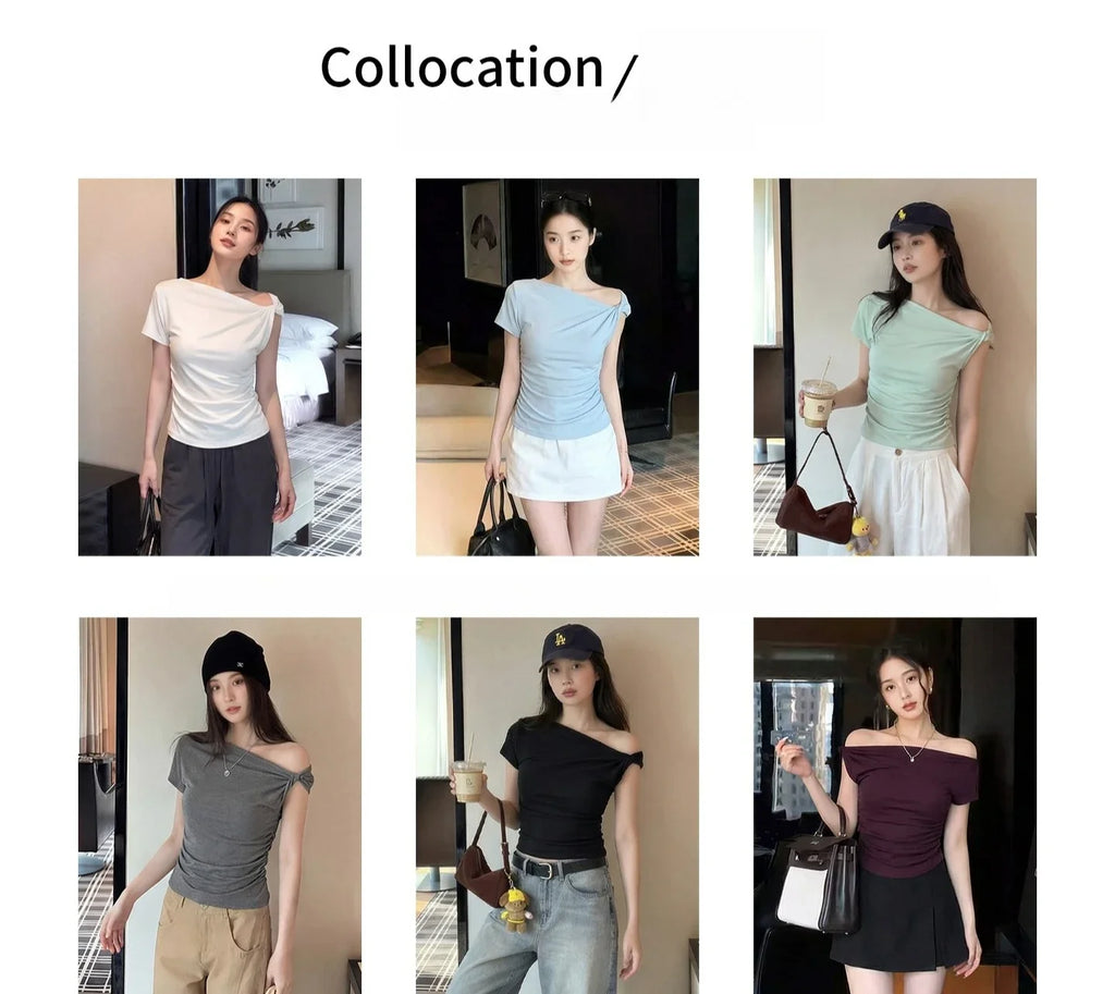 White Diagonal Shoulder Short Sleeve Crop Top 2026 Summer Solid Waist Pleated Women T-shirt Korean Style Minimalist Slim Tee