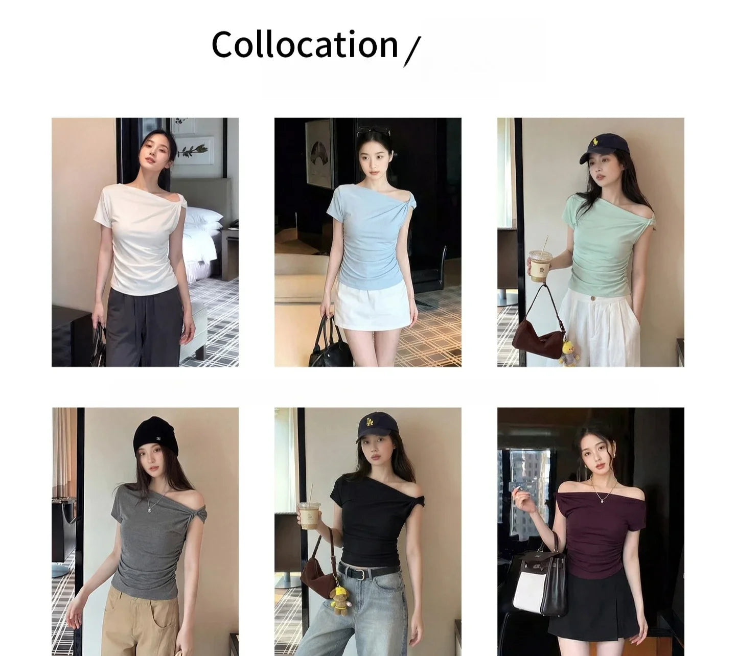 White Diagonal Shoulder Short Sleeve Crop Top 2026 Summer Solid Waist Pleated Women T-shirt Korean Style Minimalist Slim Tee