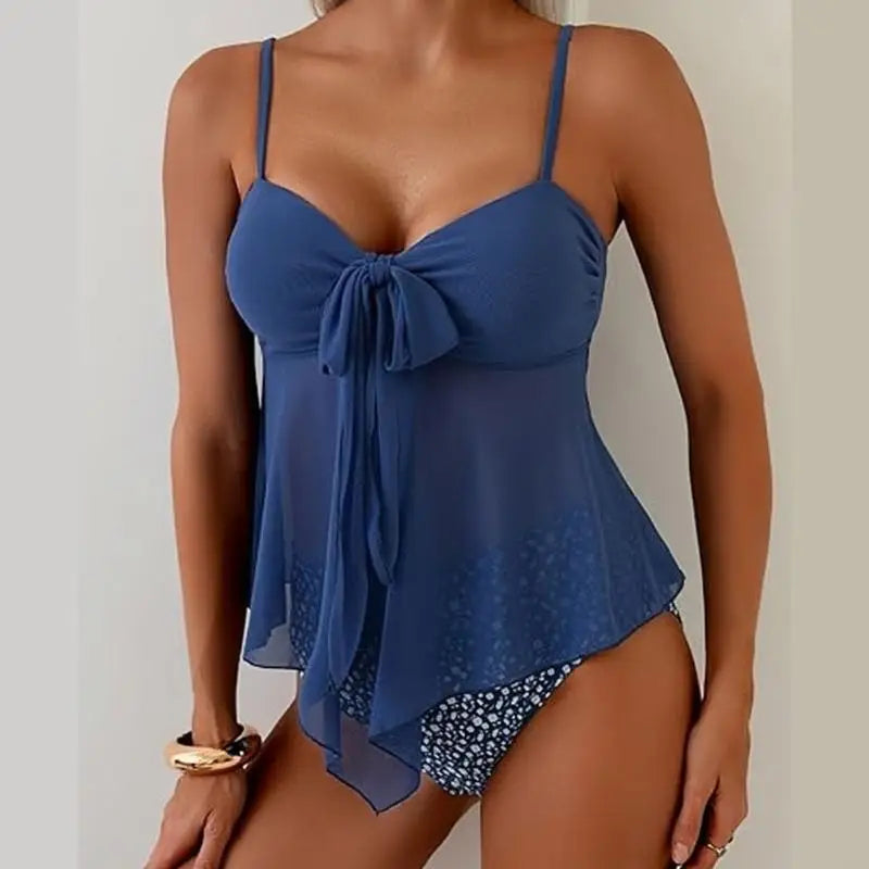 Women Two Piece Sheer Tankini Bathing Suit High Waist Swimwears with Adjustable Sheer Tie for Swimming Beach Volleyballs