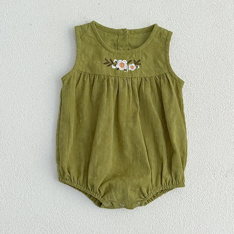 Girls Birthday Party Sisters Outfits Summer Green Apricot Floral Embroidery Sleeveless Bodysuit Vest Dress Baby Clothes H037
