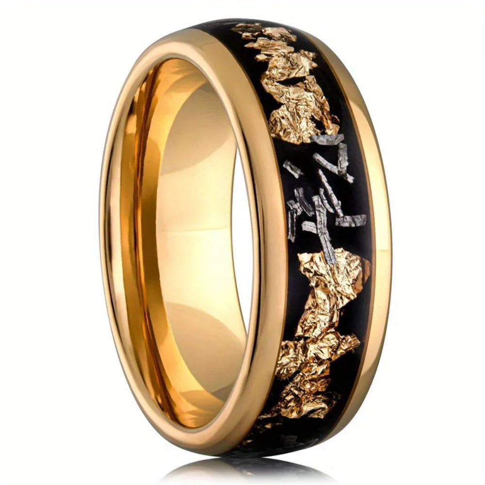8MM Gold Color Men Stainless Steel Rings Gold Foil Inlay Engagement Wedding Band Jewelry Unique Steel Ring For Gift Wholesale
