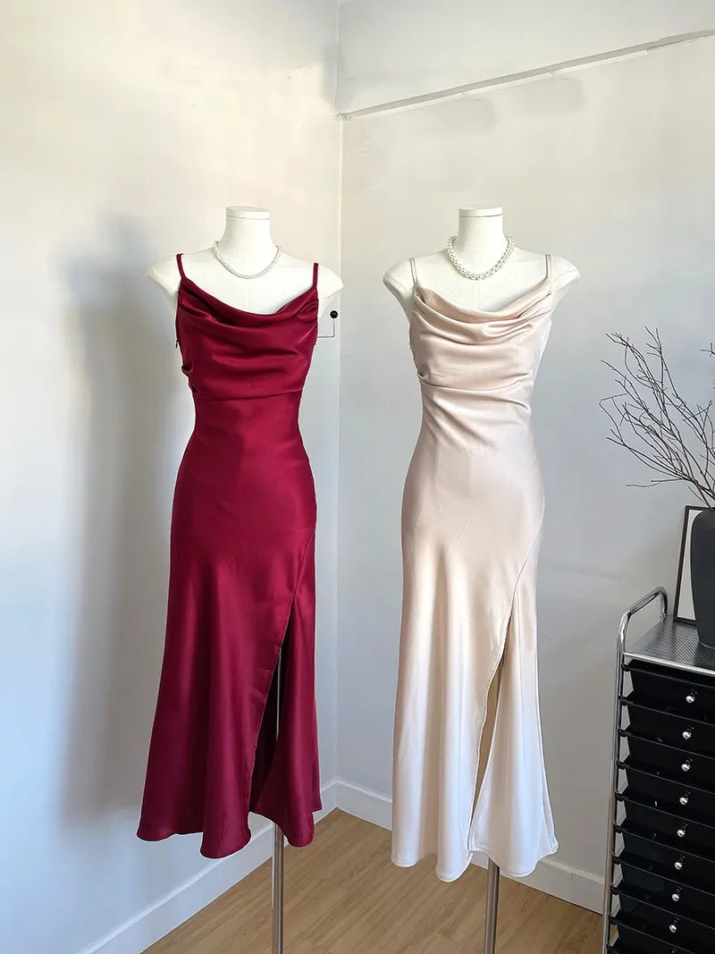 Women's Sexy Swinging Collar Satin Strap Long Dress Lady Summer Solid Color Slim Pleated Wasit Split Party Dress