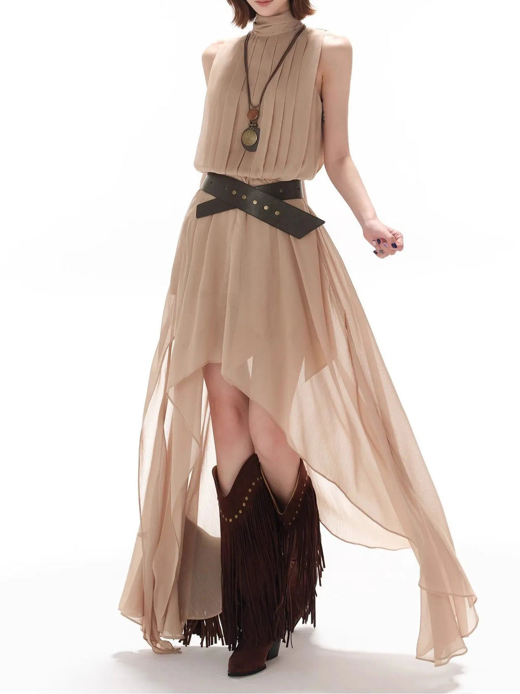 Elegant Casual Sleeveless Chiffon Vest Dress Original Design Long Skirt Drifting Hemline Polyester Fabric Shirt Pattern Stitc...