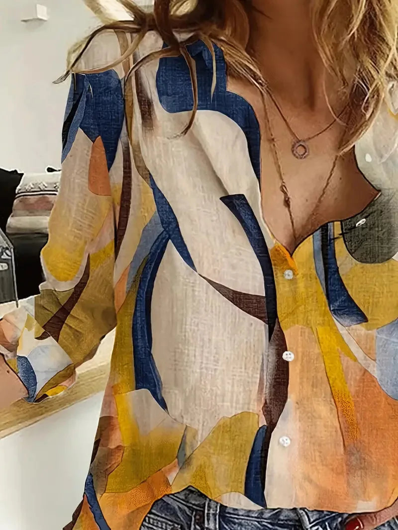 Loose Long Sleeve Women's Shirt Digital Print Lantern Style Comfortable Fit Fashionable Commute Style Geometric Pattern
