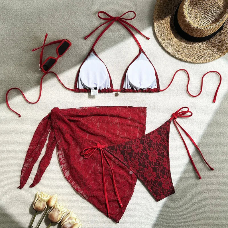 Women's Lace Contrast Brazilian Bikini Set – 3-Piece Sexy Swimsuit for Beach & Pool