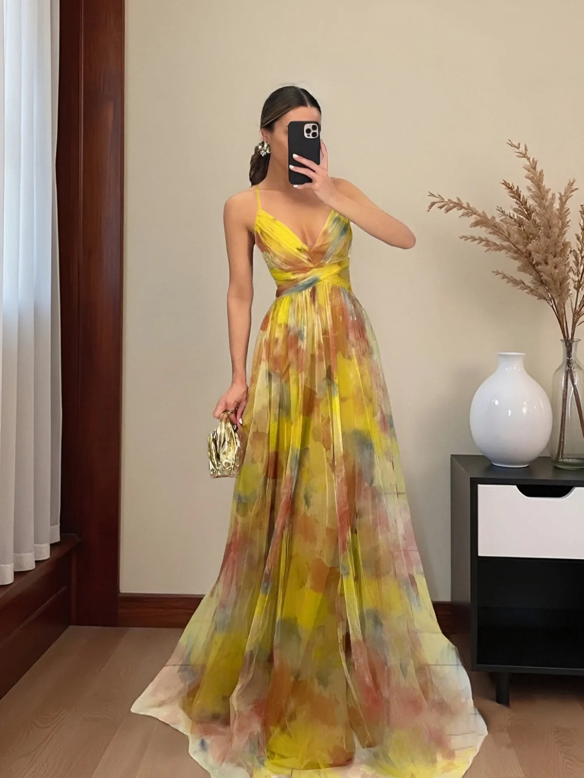 2026 NEW WOMEN'S MESH PRINT BACKLESS CAMISOLE DRESS, LIGHT LUXURY ELEGANT EVENING GOWN FOR PARTIES