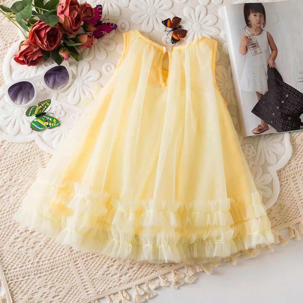 Toddler Girl Princess Dress Pink Flower Decorated Sleeveless Gauze Dress Elegant Girl Wedding Party Dress for Party