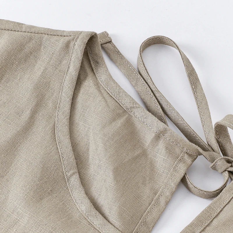 Women Cotton Linen Midi Dresses Summer Chic Female Vestidos Loose A-Line Dress Short Puffy Sleeve Casual Sundress