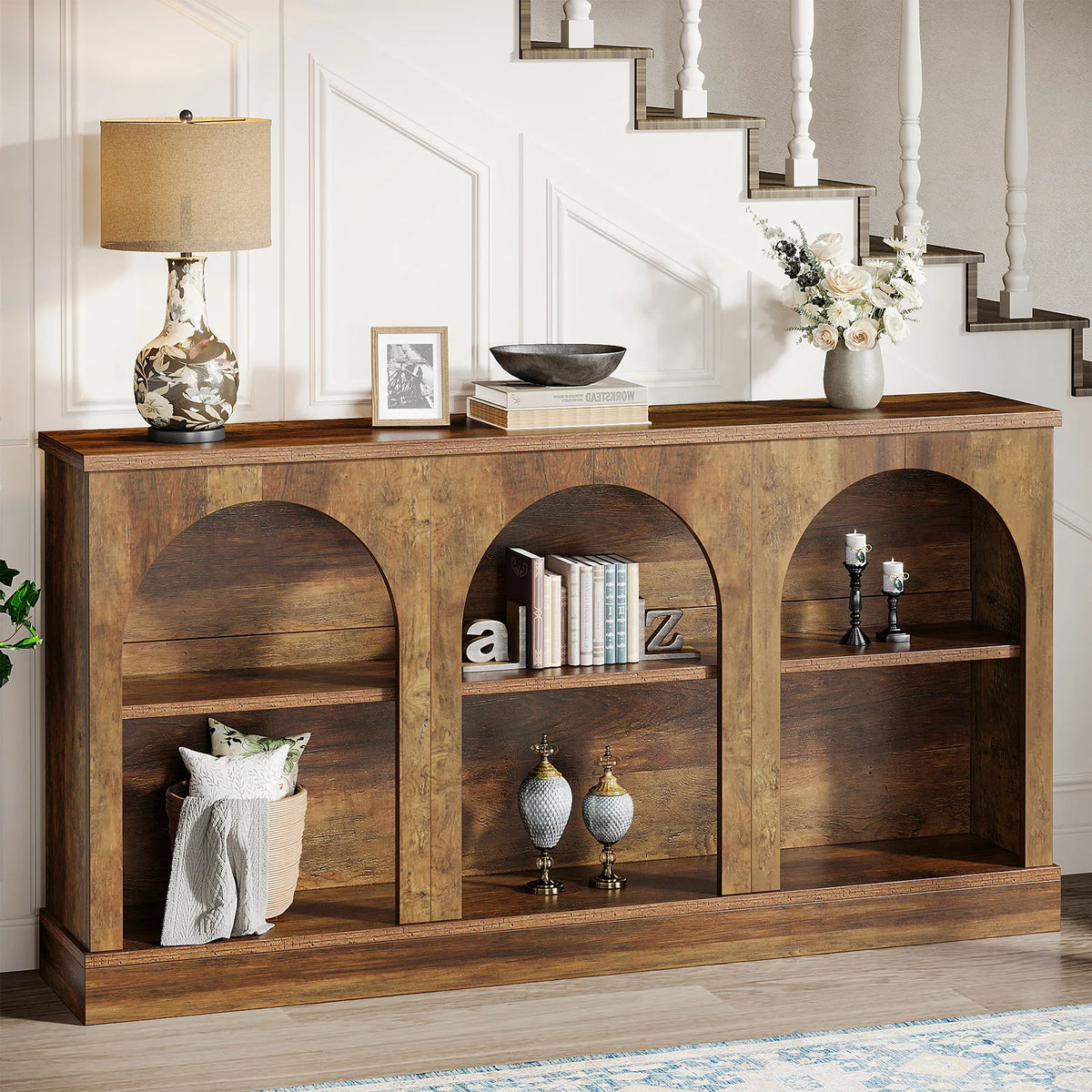 Tribesigns Farmhouse Console Table, 63-Inch Long Entryway Table with 3 Tier Storage, Wooden Rectangular Sofa Table