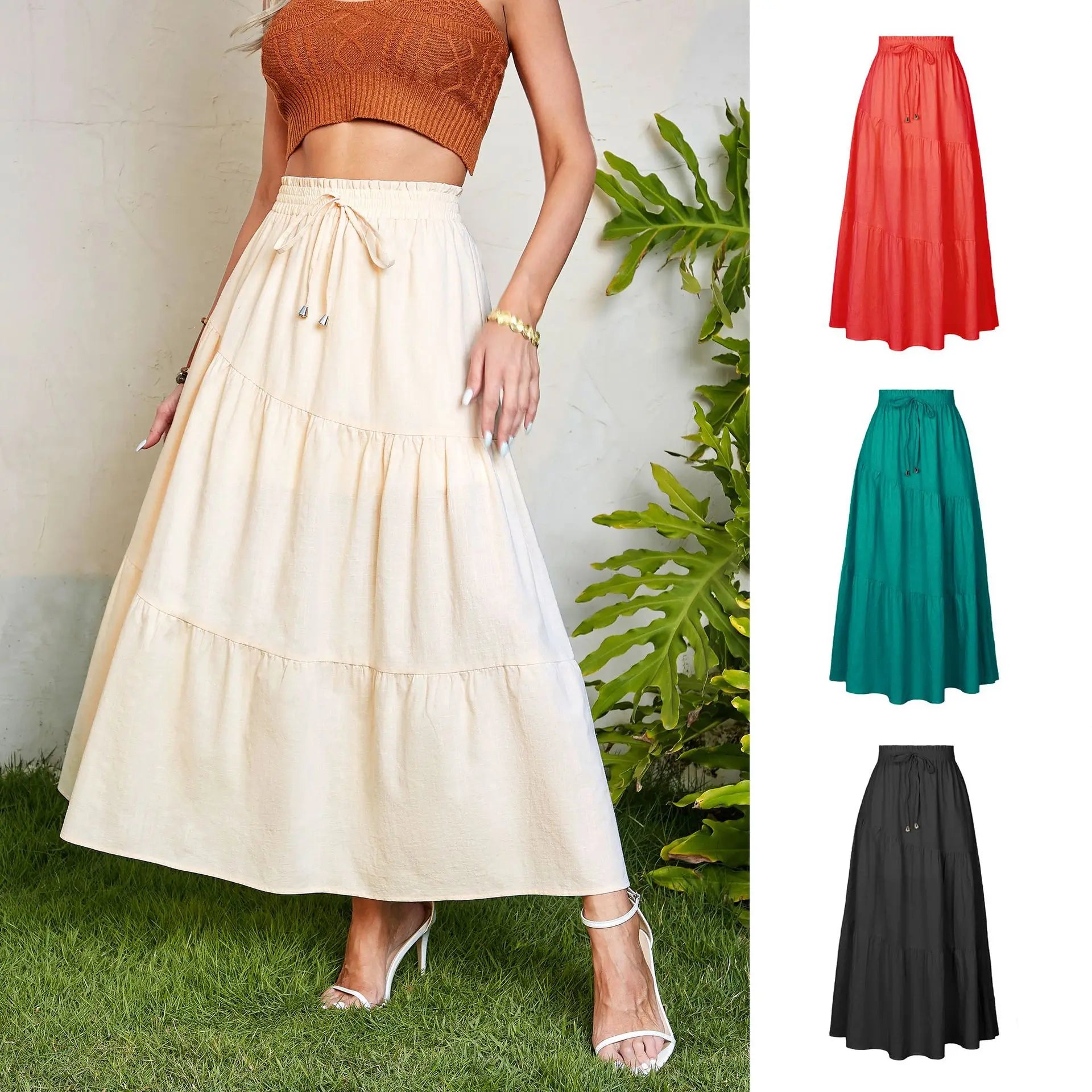 Skirts women 2025 casual Premium cotton linen Solid color high-waisted elastic A-line large hem pleated skirts women's clothing