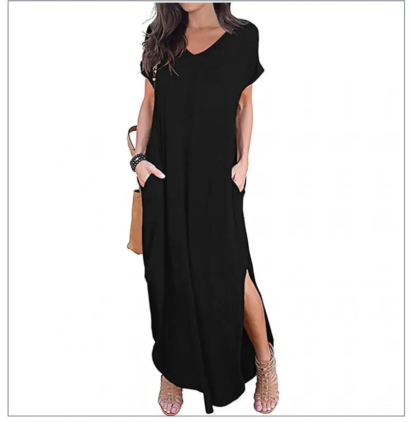 Women's Casual Maxi Dress V Neck Short Sleeve Dresses Loose Fit Long Dress with Pockets Side Slit Outfit Home Casual Daily Wear
