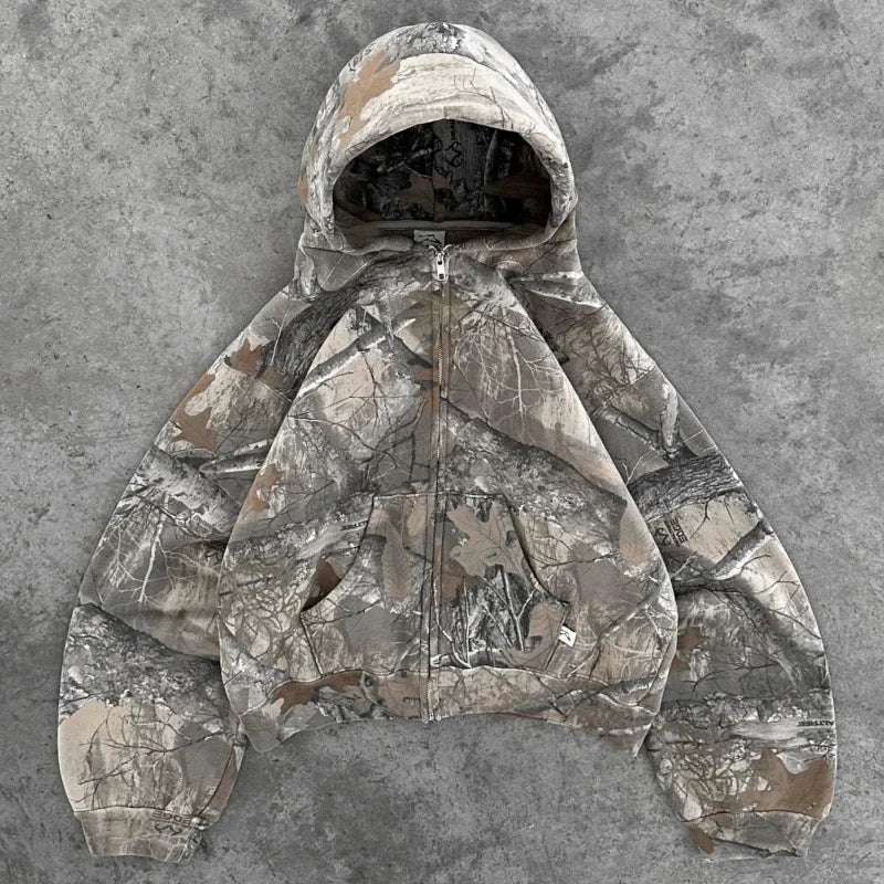 America Retro Zip up Hoodie Men Camouflage Pattern zipper Sweatshirt High Street Hip HopStreetwear Oversized Unisex Camo Hoodie
