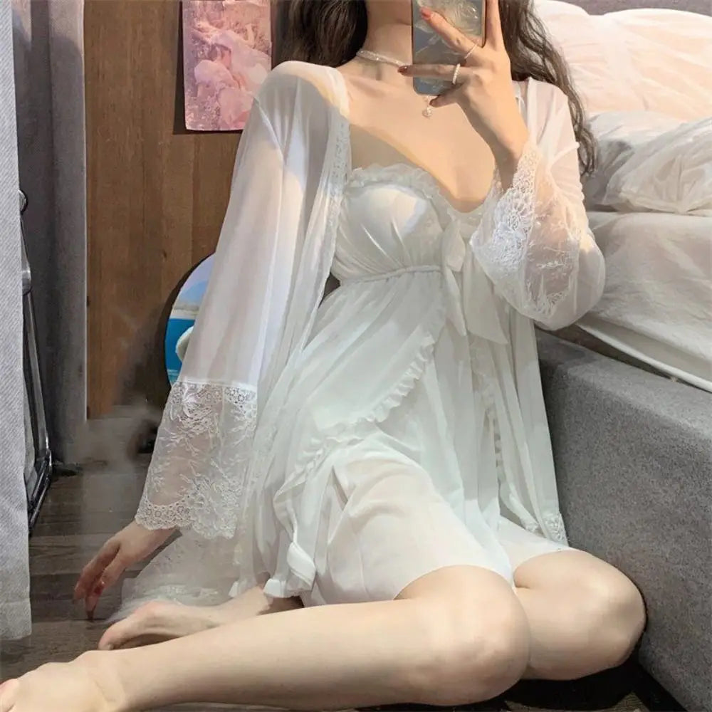 Lace Bowknot Women Pajama Dress Nightgown Sleeveless Homewear Suspender Nightdress Set Sleepwear Ruffle