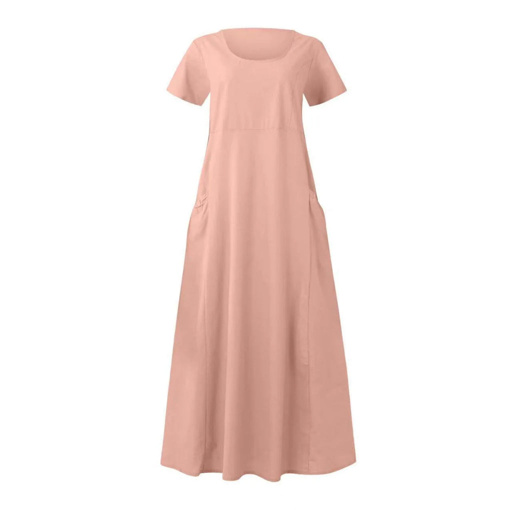 Women Solid Cotton Linen Round Neck Short Sleeve Loose Flowy Maxi Dress EU US Gown