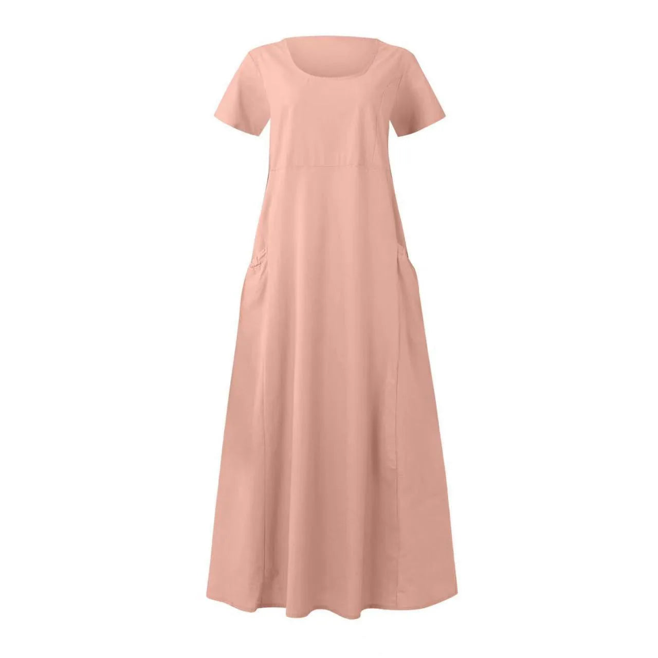 Women Solid Cotton Linen Round Neck Short Sleeve Loose Flowy Maxi Dress EU US Gown