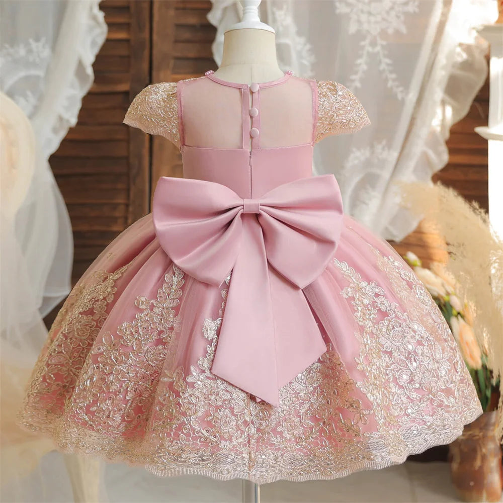 Beading Luxury Short Sleeve Lace Appliques A Line Formal Communion Girl Dress Bow Floor Length Princess Flower Girl Gown New
