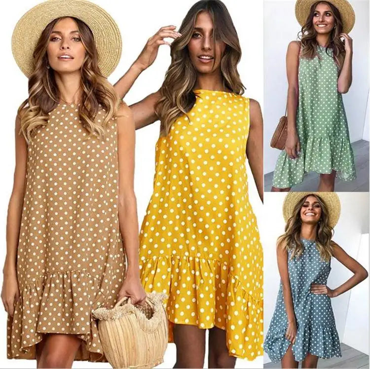 2020 Summer round Neck Sleeveless Polka Dot Loose A-Line Dress with Lace Hem Long Evening Gown Women's Fashion Casual Dress
