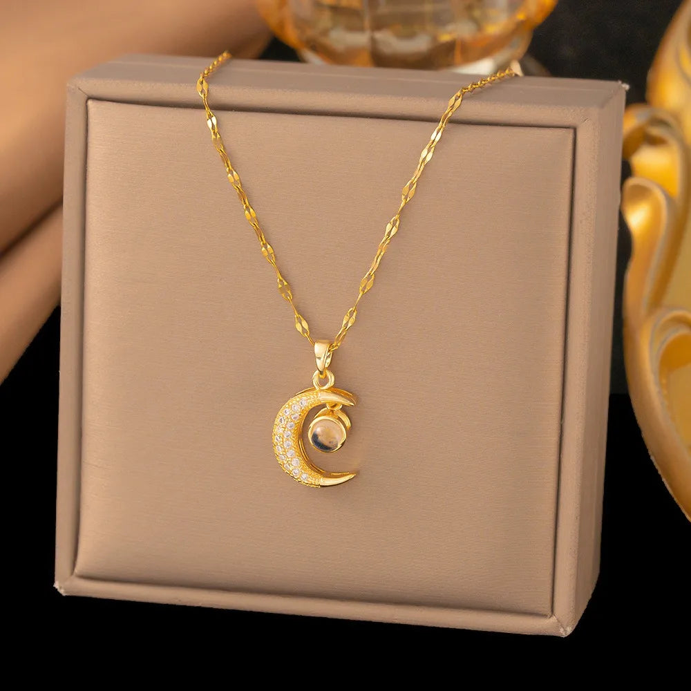 New Micro-Inlay Zircon Swan Flower Heart Projection Moon Pendant Necklace For Women'S Stainless Steel Valentine'S Day Jewelry