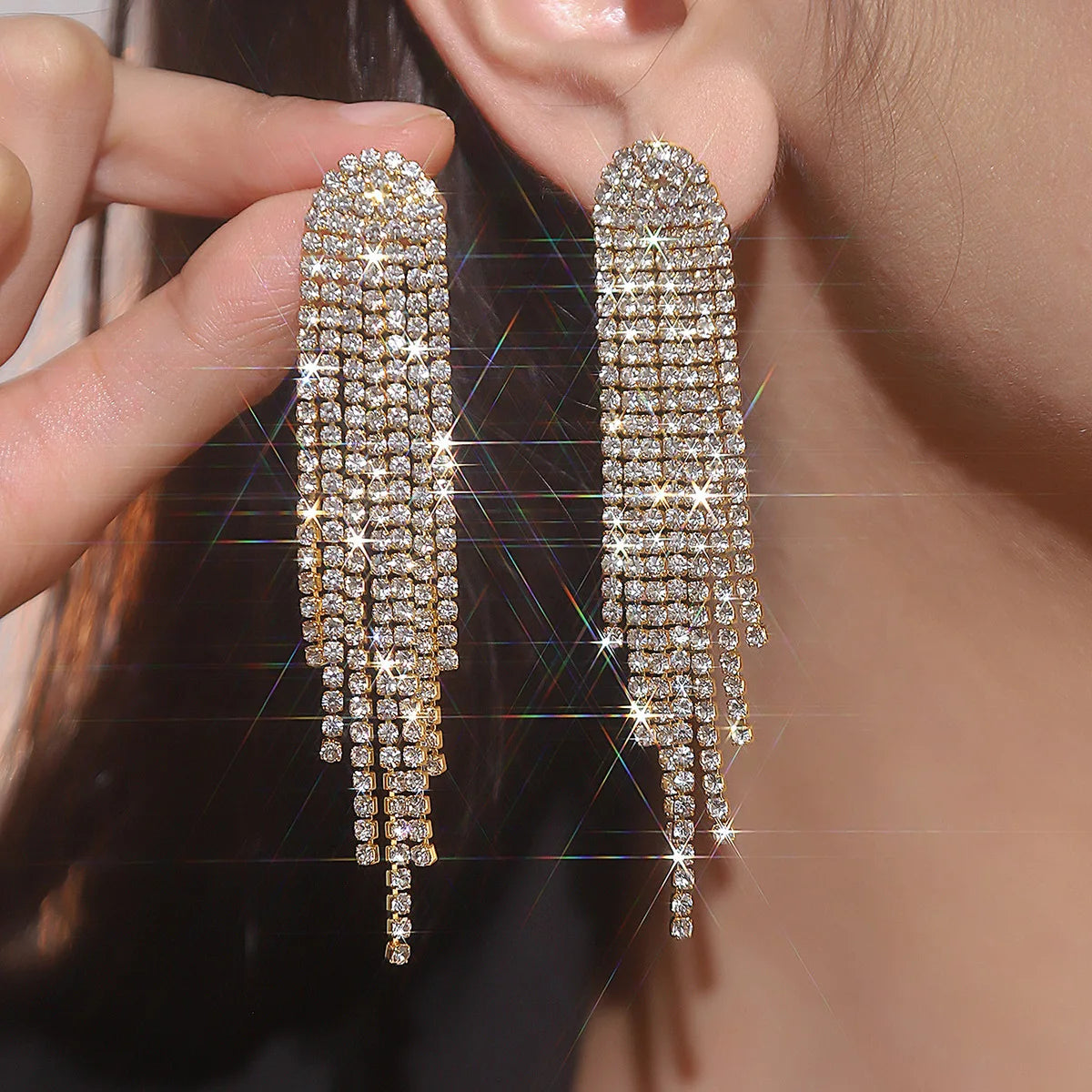 Treazy Shiny 4 Lines Rhinestone Crystal Tassel Long Earrings For Women'S Wedding Hanging Dangle Earrings Bridal Brincos