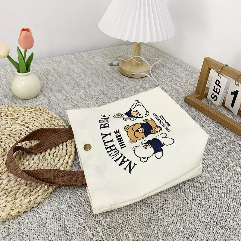 Bear Shape Canvas Tote Bag For Women Cute Mini Handheld Lunch Bag Student School Bag Gift Bag