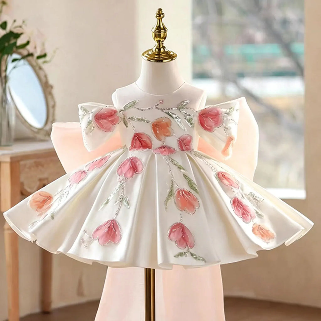 Dreamy Vow D267 White Girls Dress Pink Tulip Embroidery Off Shoulder Large Bowknot Satin Flower Girl Dress Kids Wedding Party
