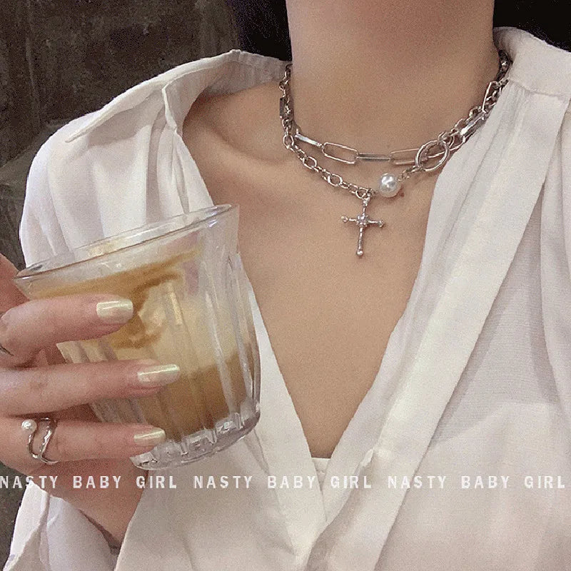 Chain Around The Neck Cross Necklace For Women'S Pendant Vintage Multilayer Fashion Jewelry Hip-Hop Gothic Style Clavicle Chokers