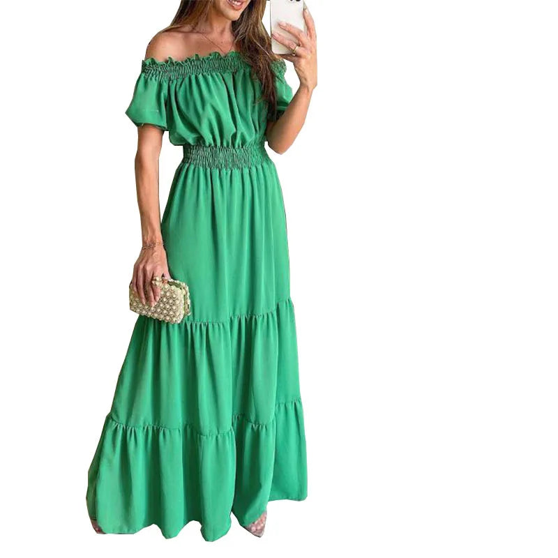 Summer Sexy Off Shoulder Slash Neck Ruffle Beach Party Dress Elegant Women Fashion Red Lace-up Pleated Holiday Long Dresses Robe