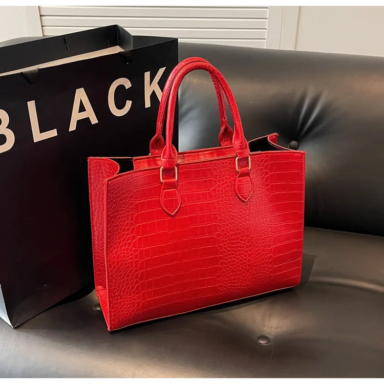 Spring 2025 Large Capacity Fashionable Handbag Casual Commuting Trendy Crocodile Pattern Tote Bag Street Style PU Material
