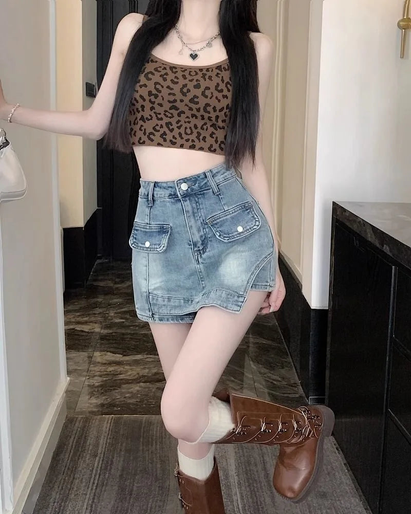 Retro Spicy Girl Uneven Denim Mini Skirt High Waist Slim Fit Women's Summer New Style Short Skirt Bodycon Skirt New Style