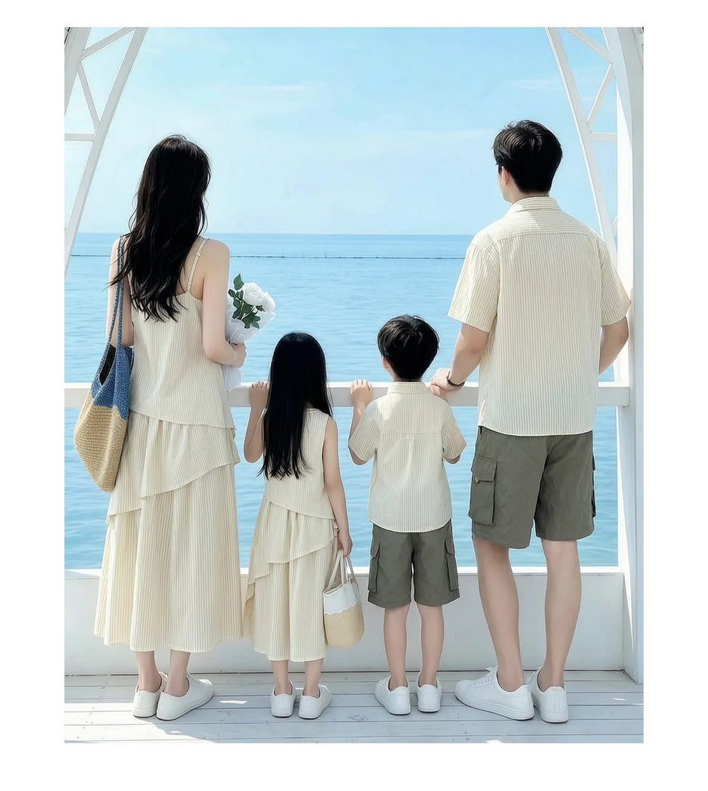 Mommy and Me Clothes Striped Print Family Matching Outfits Holiday Look Button Shirt Ruffles Dress Casual Clothing Set Beachwear