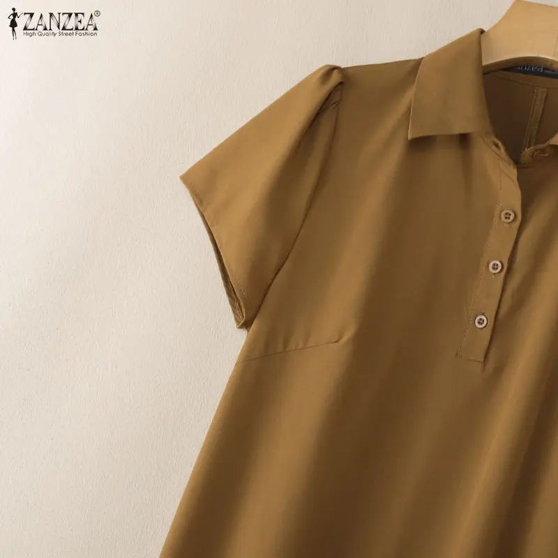 Women Casual Midi Shirt Dress Turn-Down Collar Half Button Short Sleeve Solid Color Dresses ZANZEA Summer Commute Wear Vestidos