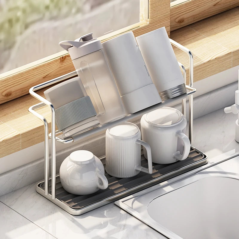 Estante de acero inoxidable de doble capa para tazas de cocina, soporte para tazas invertidas, bandeja de almacenamiento doméstica