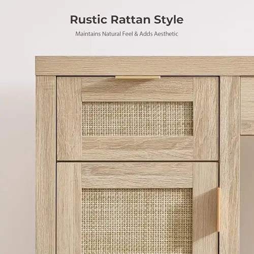 52" Rattan Vanity Desk with 3 Drawers & 2 Cabinets, Vanity Table | Large Boho Farmhouse Makeup Dressing Table, Wooden