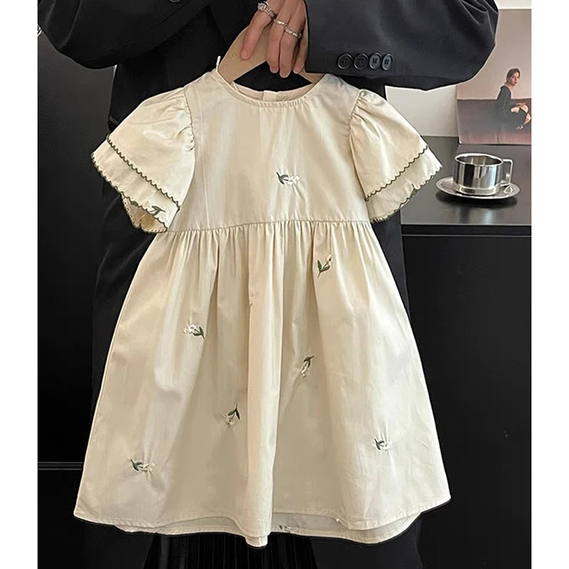 1-6Yrs Summer Girls Dress Baby Clothes Fashion Smocking Stitch Girls Dress Puff Sleeve Floral Cotton Baby Girls Princess Dresses
