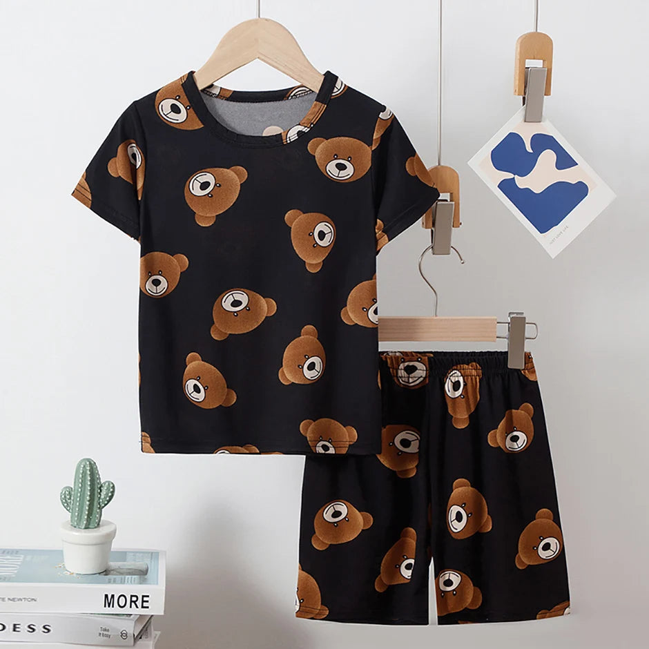 Children's Bear Print 2-Piece Short Sleeve Shorts Set - Unisex